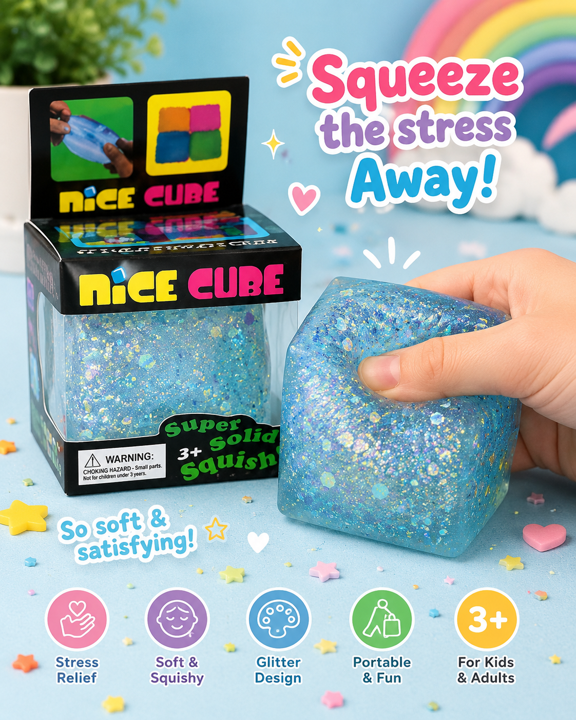 Nice Squishy Ice Cube Pack – Solid & Glitter Slow Rise Stress Relief Fidget Toys