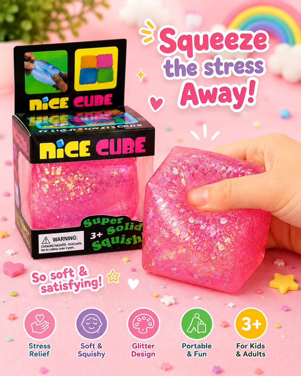 Nice Squishy Ice Cube Pack – Solid & Glitter Slow Rise Stress Relief Fidget Toys