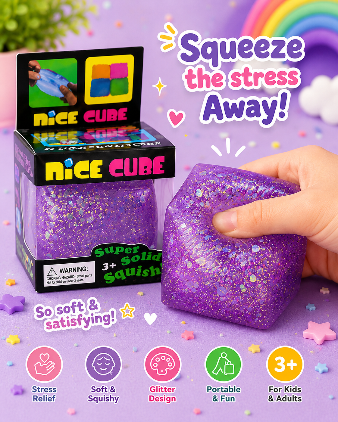 Nice Squishy Ice Cube Pack – Solid & Glitter Slow Rise Stress Relief Fidget Toys