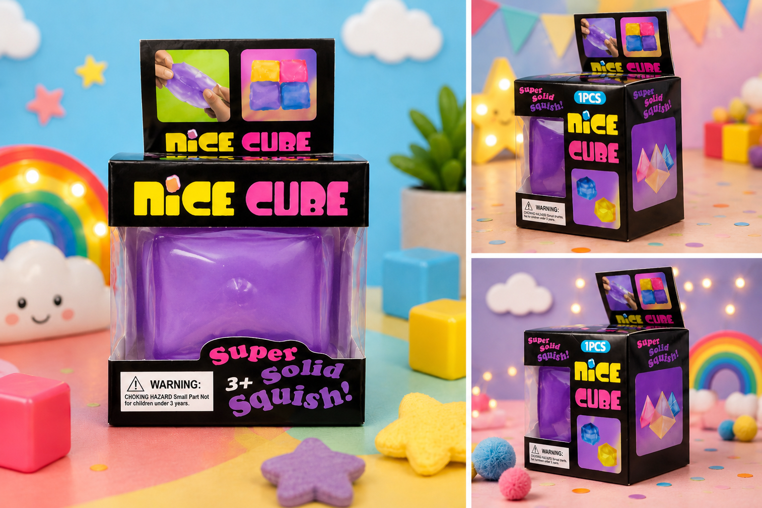 Nice Squishy Ice Cube Pack – Solid & Glitter Slow Rise Stress Relief Fidget Toys
