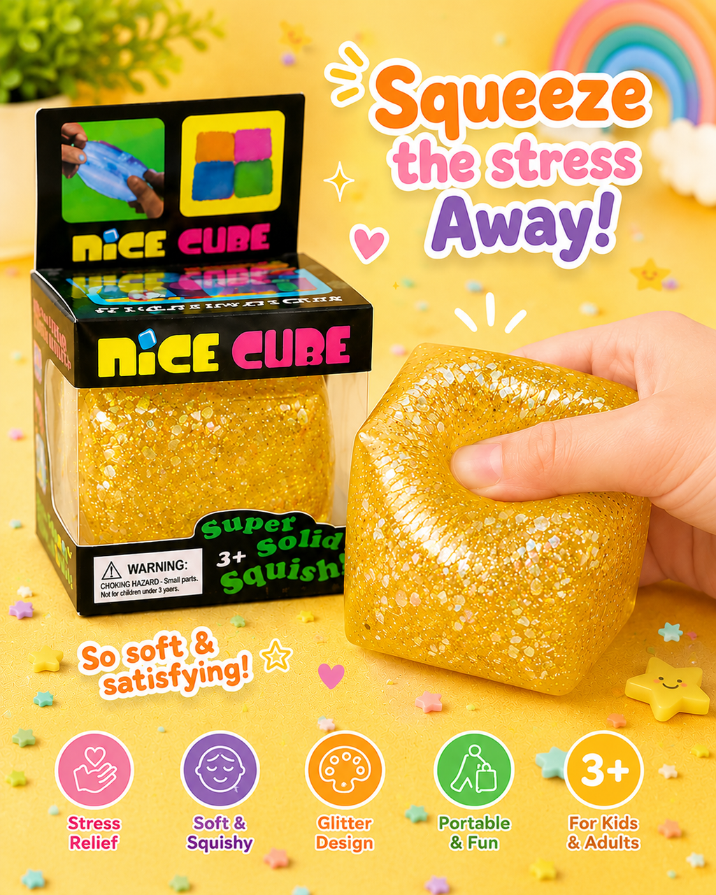Nice Squishy Ice Cube Pack – Solid & Glitter Slow Rise Stress Relief Fidget Toys