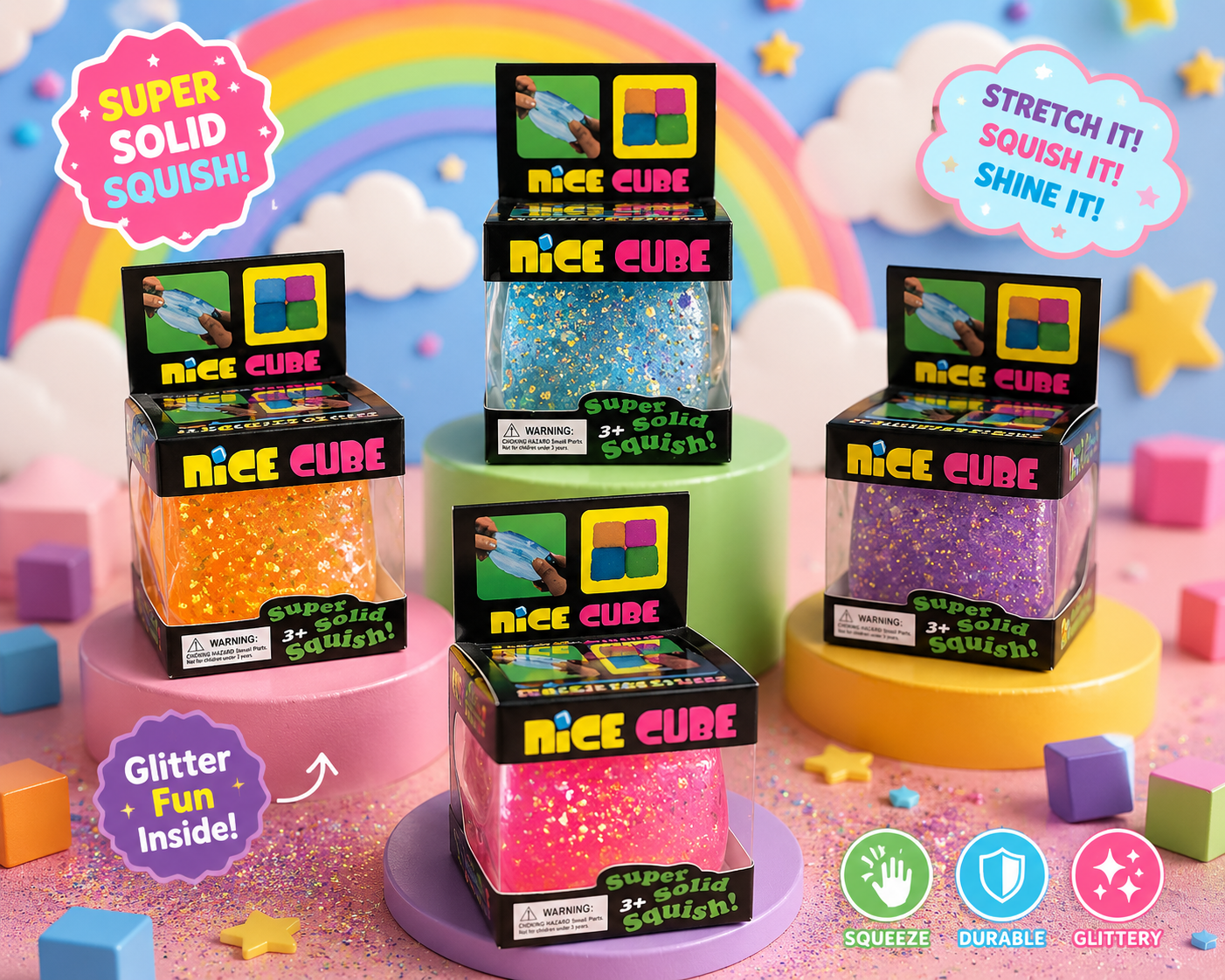 Nice Squishy Ice Cube Pack – Solid & Glitter Slow Rise Stress Relief Fidget Toys